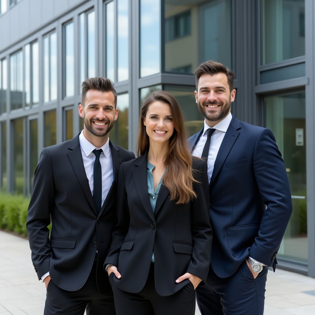 Das Team von RheinImmobilien vor dem Bürogebäude